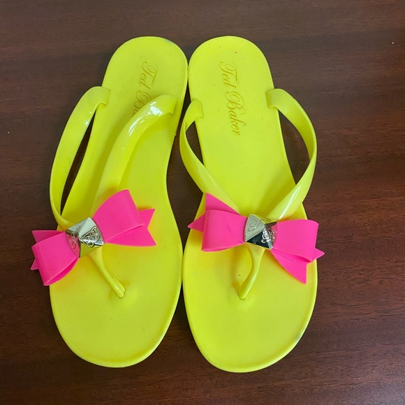 Ted Baker Neon Jelly Flip flop thong sandals Bow yellow hot pink size 7 - Picture 4 of 10